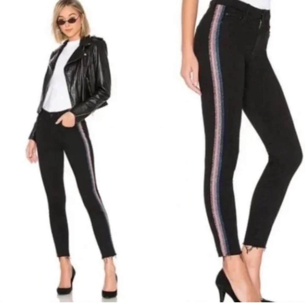 MOTHER DENIM Looker Ankle Fray Skinny Jeans Striped Metallic